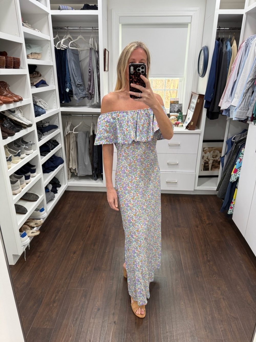 Nina Blanc Off-Shoulder Floral Maxi Dress in Lavender S